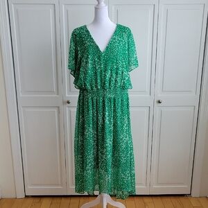 Donna Karan Green Floral V-Neck Midi Dress with Smocked Waist